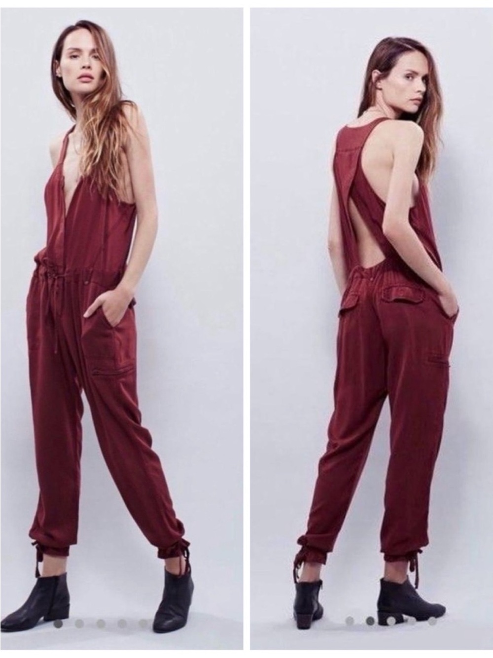 Free People Sleeveless Open-Back Jumpsuit in Burgundy
